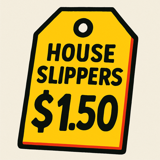 price tag that says house slippers $1.50.
In-Game asset.  2d.  High contrast.  No shadows