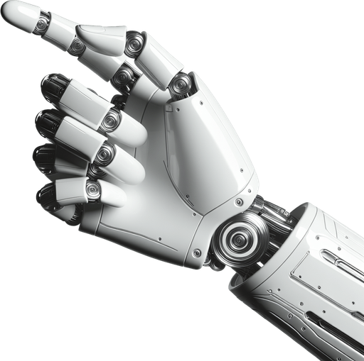 a  futuristic white robot arm. horizontal direction. the index finger pointing to the left. Single Game Texture. No background. High contrast. No shadows.