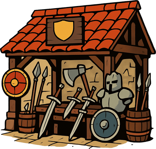 Eski çağ savaş malzemesi dükkanı.
In-Game asset.  2d.  High contrast.  No shadows