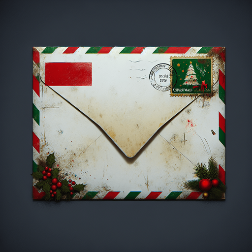 a simple eerie christmas blank dirty letter envelope. Use christmas colors.
Single Game Texture. In-Game asset. 2d. Blank background. High contrast. No shadows. No text.