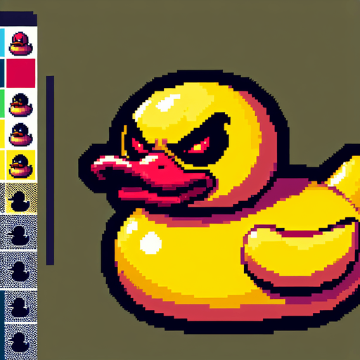 an evil rubber duck.
Single Game Texture. In-Game asset. 2d. Blank background. High contrast. No shadows. 8bit