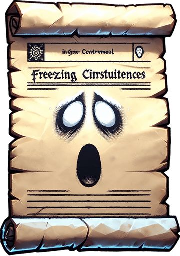 a pergament letter with the name "freezing Circumstances". It has a very froozen shocked face on it. Single Game Texture. In-Game asset. 2d. Blank background. High contrast. No shadows.