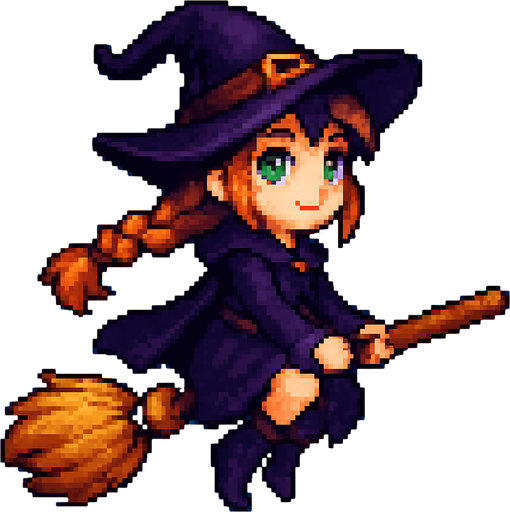 “High-quality 2D pixel art of a witch girl flying on a magic broomstick. She has fair skin, bright green eyes, and long orange braided hair. She is wearing a classic witch hat and outfit. She is sitting sideways on the broom (her body facing the viewer, but her head turned to look forward in the direction of flight). The background is a clear sky or night sky with stars. The art should have a magical, whimsical feeling with detailed shading and vibrant colors.”.
In-Game asset.  2d.  High contrast.  No shadows