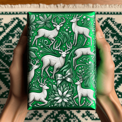 Green Christmas wrapped box with deer designed, front view.