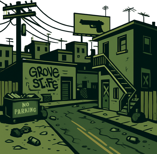 Gangside ghetto Neighbourhood.
In-Game asset.  2d.  High contrast.  No shadows
