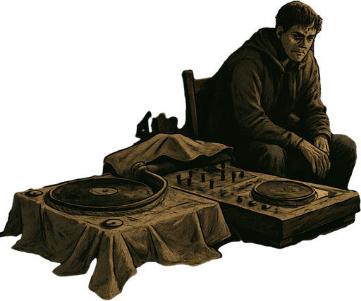 Realistic comic book scene, 2048x2048. Interior of a dusty room with DJ gear covered and unused. Noah sits in the background, partially hidden in shadow, melancholic lighting. Include a small narrator box at the bottom-right corner with the text: "Fame faded. The rhythm stopped.".
In-Game asset.  2d.  High contrast.  No shadows