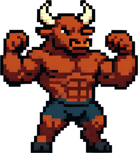 Toro furry fuerte sin camisa pixelado.
In-Game asset.  2d.  High contrast.  No shadows