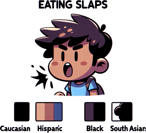 A boy eating slaps.
Single Game Texture. In-Game asset. 2d. Blank background. High contrast. No shadows.