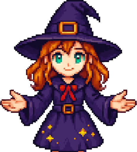 High-quality 2D pixel art of a young witch girl facing forward with her arms open, palms visible. She has vibrant orange hair, fair white skin, and bright green eyes. She is wearing a classic witch outfit: a wide-brimmed witch hat and a matching dress with magical details. The style is detailed 16-bit pixel art, with clean shading and strong contrast. The pose is welcoming or spellcasting, and she is directly facing the viewer. Transparent background..
In-Game asset.  2d.  High contrast.  No shadows