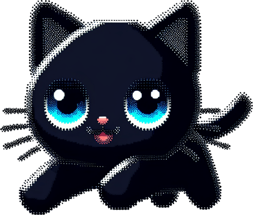 Flying, Cute black cat with blue eyes. Dot picture. Single Game Texture. In-Game asset. 2d. Blank background. High contrast. No shadows.
