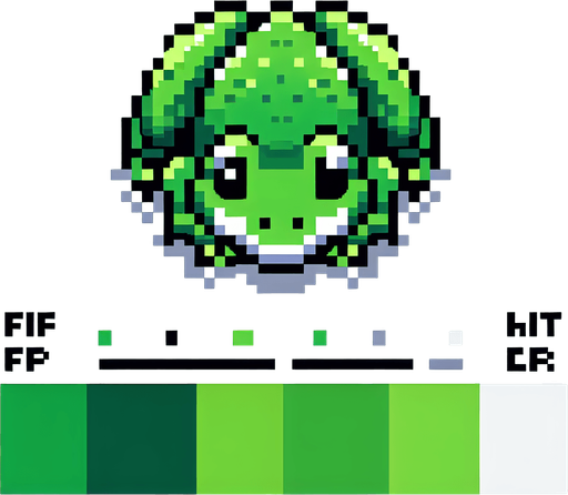 pixel art of a flat green frog, top down view.
White background, high contrast, shadowless.