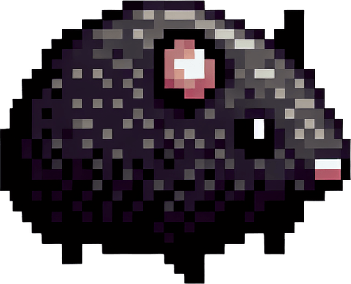 black hamster from pixels.
Single Game Texture. In-Game asset. 2d. Blank background. High contrast. No shadows.