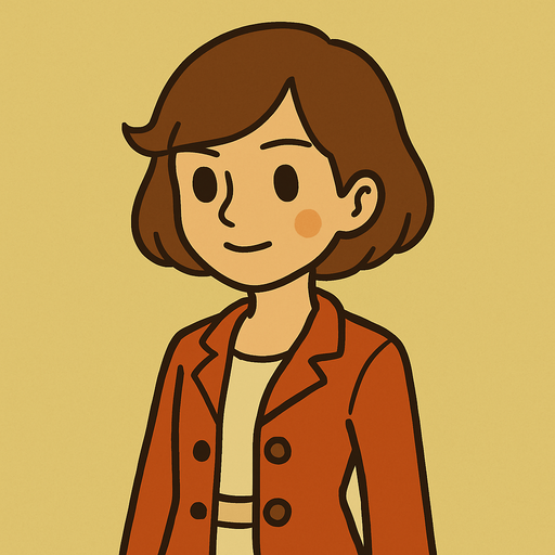 18yo girl with short brown hair professor Layton game style.
In-Game asset.  2d.  High contrast.  No shadows