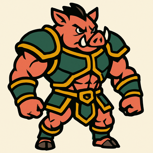 cerdo en 2 patas musculoso con armadura.
In-Game asset.  2d.  High contrast.  No shadows