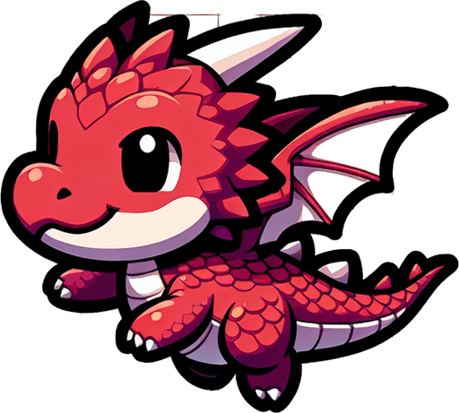 Cute toony red cool dragon in flight sideview.
Single Game Texture. In-Game asset. 2d. Blank background. High contrast. No shadows.