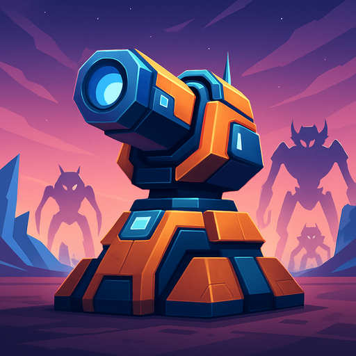 Front-facing icon, Fullscreen modern App Store art style with futuristic tower defense, 16:9, high definition.  No text captions!