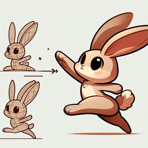 Cute cartoon rabbit, jumping upwards facing camera.
Single Game Texture. In-Game asset. 2d. Blank background. High contrast. No shadows.