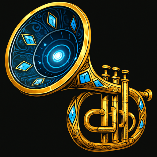 Una trompeta de proporciones colosales, con una campana que se abre como un altavoz parabólico gigante. Su superficie podría ser de un metal brillante y pulido, con intrincados grabados o incrustaciones de cristales resonantes que brillan intensamente. Podría tener un sistema de lentes o emisores de energía en su boca..
In-Game asset.  2d.  High contrast.  No shadows