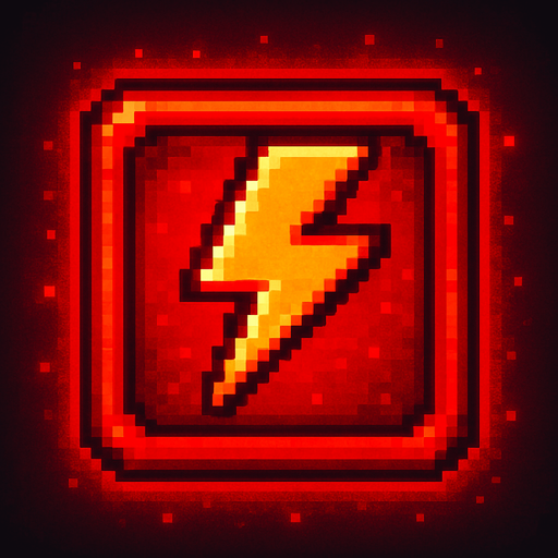 Pixel art of a red power-up icon with a bold lightning bolt symbol inside. Represents a temporary speed boost in a retro-style arcade game. Glowing red, square icon.
In-Game asset.  2d.  High contrast.  No shadows