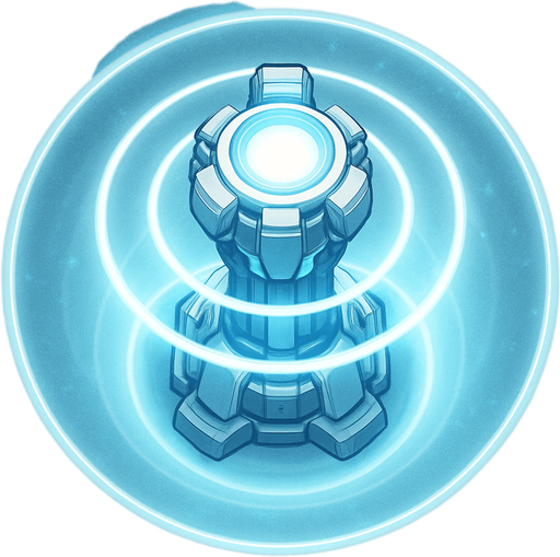 top-down view, futuristic support beacon tower, energy rings, radiant aura effect, soft blue and white glow, advanced tech support node.
In-Game asset.  2d.  High contrast.  No shadows
