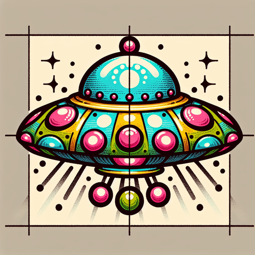 a goofy ufo.
Single Game Texture.  In-Game asset.  2d.  Blank background.  High contrast.  No shadows