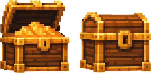 An old treasure chest with a lid open and lid closed version. From straight on view. Retro pixelated art..
In-Game asset.  2d.  High contrast.  No shadows