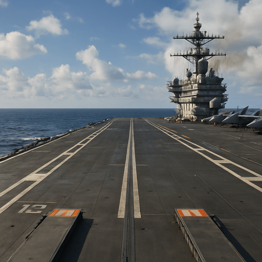 Photorealistic nuclear-powered
aircraft carrier deck. View from the deck before take off