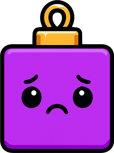 a sad Perfectly square bright purple Christmas decoration with cute . Cartoon style. Cute art style. Simple vector style..
In-Game asset.  2d.  High contrast.  No shadows