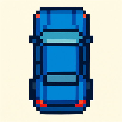 Üstten görünümlü pixel araba.
In-Game asset.  2d.  High contrast.  No shadows