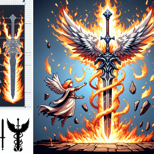 giant flaming angel's sword.
Single Game Texture.  In-Game asset.  2d.  Blank background.  High contrast.  No shadows