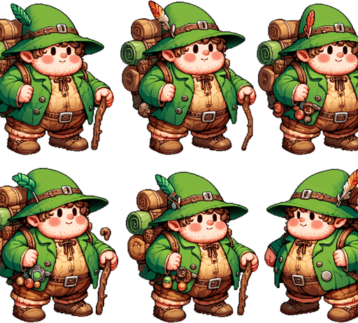 A spritesheet showing various poses of a chubby little hobbit wandering. he is in a green hunter's coat and with a green hat with a feather in it, and is carrying a backpack and holding a walking stick. there are many trinkets in his belt, some edible..
Single Game Texture. In-Game asset. 2d. Blank background. High contrast. No shadows.
