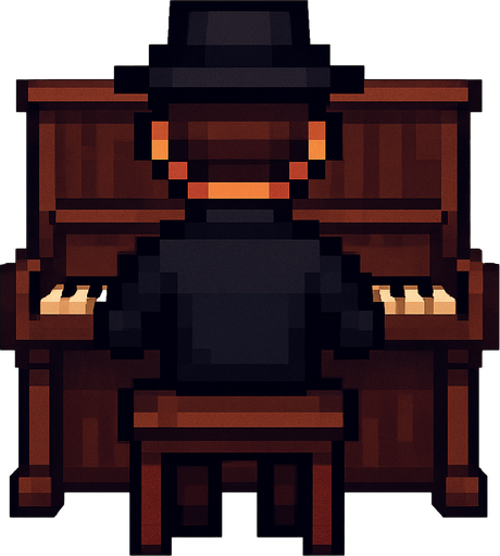 pianist man with hat from behind standing in chair without piano pixel art 2d