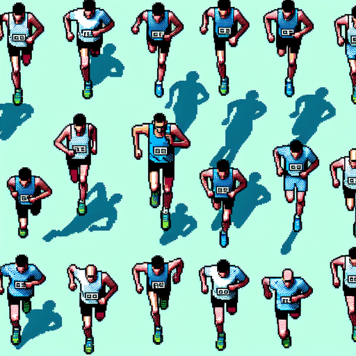sprite sheet for a marathon runner seen directly from above in a running and jumping state. gta 2 perspective. ensure the runner is seen straight from above as in the gta 2 game. pixelated. 8 bit.
Single Game Texture. In-Game asset. 2d. Blank background. High contrast. No shadows.