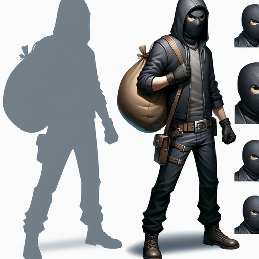 A thief with a mask and steal bag.
Single Game Texture. In-Game asset. 2d. Blank background. High contrast. No shadows.