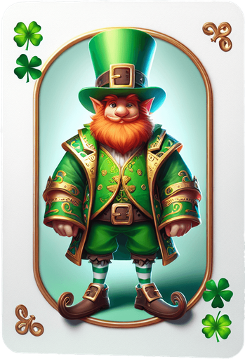 Leprechaun on a white papercard with rounded corners, front view..
Single Game Texture.  In-Game asset.  2d.  Blank background.  High contrast.  No shadows