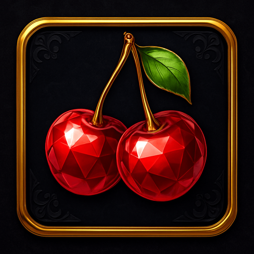 Crea un asset visual completo para el símbolo 'E' de Megaways: Cerezas Lujosas, directamente sobre su panel de fondo.

Diseño General:

Forma: Un panel cuadrado o ligeramente redondeado.

Fondo del Panel: Terciopelo oscuro (negro o azul noche) o un metal pulido muy oscuro.

Borde: Un borde elegante dorado o plateado alrededor del panel.

Detalles del Fondo: Puede tener un patrón sutil de filigrana de casino en las esquinas del panel.

Símbolo Central (las Cerezas):

Dos cerezas rojas, estilizadas para parecer joyas o gemas, con una superficie brillante y reflejos, posicionadas centralmente.

El tallo debe ser fino y elegante.

Colores: Rojos intensos y brillantes.
In-Game asset.  2d.  High contrast.  No shadows