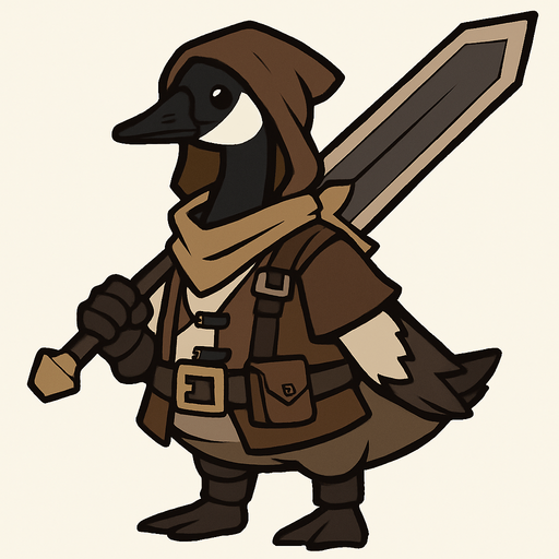Canadian Goose in treasure hoarder outfit with claymore.
In-Game asset.  2d.  High contrast.  No shadows