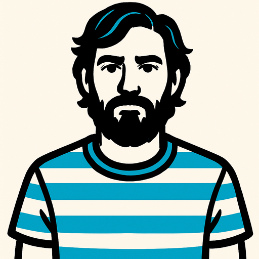 Un tipo con barba y pelo mediano que tenga una camiseta con rayas blancas y celestes.
In-Game asset.  High contrast.  No shadows. 2d