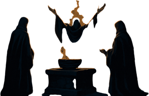 A forgotten mountain temple shrouded in shadow, stone statues with cracks, cloaked worshippers performing a dark ritual, vines crawling over walls, realistic.
In-Game asset.  2d.  High contrast.  No shadows
