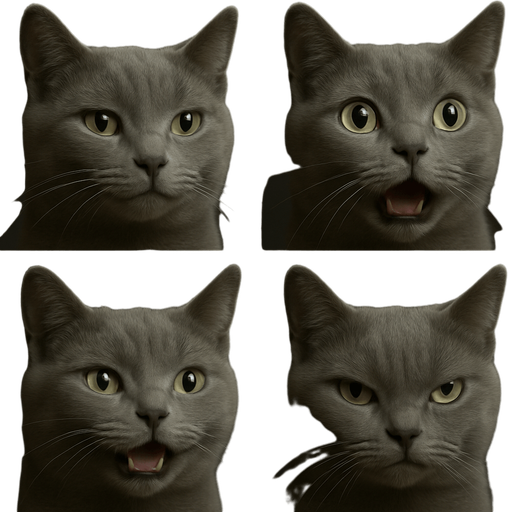 Sprite sheet of head only with different face expressions : smile, surprise, fear, laught, angry...
KEEP SAME ORIENTATION