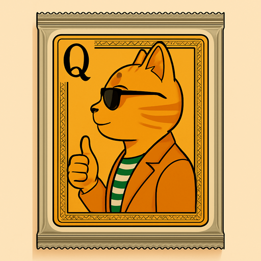 Change the graphic on the picture to be this cat, but like he’s a Queen on a playing card. He should still be wearing these clothes. Seen from the side in the same position as it would look in a regular deck of cards. Have a Q to mark the Queen but no suit.
