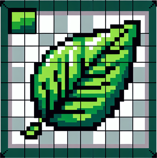 pixel art green leaf.
Single Game Texture.  In-Game asset.  2d.  Blank background.  High contrast.  No shadows