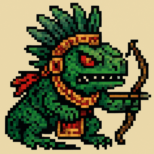 Genérame una Iguana Verde guerrero azteca con eso patrones, estilo pixelar, con una apariencia maligna, ojos rojos, rabioso. Unidad a distancia, con un arco o cerbatana. Animal.
In-Game asset.  2d.  High contrast.  No shadows