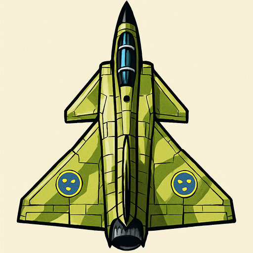 A Saab 37 Viggen fighter jet.
In-Game asset.  2d.  High contrast.  No shadows. Top down view