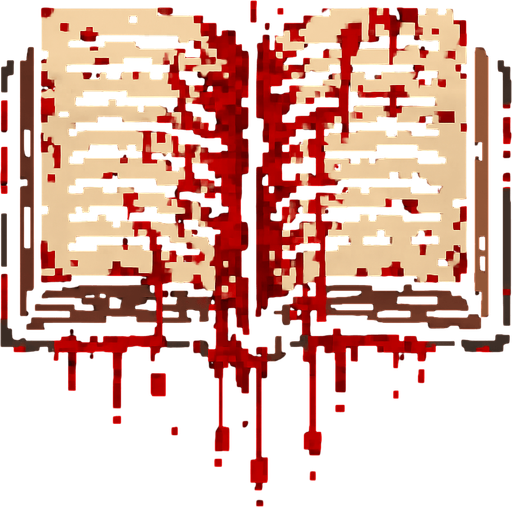 an open book with blood, terrifying pixel art.
In-Game asset.  2d.  High contrast.  No shadows