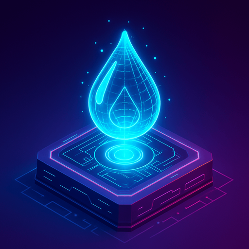 Top down isometric neon cyberpunk 3d glowing water drop hologram projection