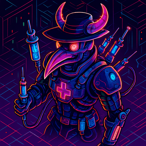 Neon cyberpunk anime top down isometric animatronic plague doctor cyborg demon medic CDC corporate robot monster disease pestilence medicine syringes