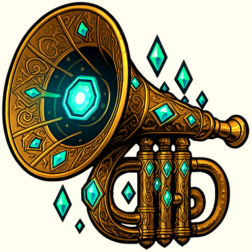 Una trompeta de proporciones colosales, con una campana que se abre como un altavoz parabólico gigante. Su superficie podría ser de un metal brillante y pulido, con intrincados grabados o incrustaciones de cristales resonantes que brillan intensamente. Podría tener un sistema de lentes o emisores de energía en su boca..
In-Game asset.  2d.  High contrast.  No shadows