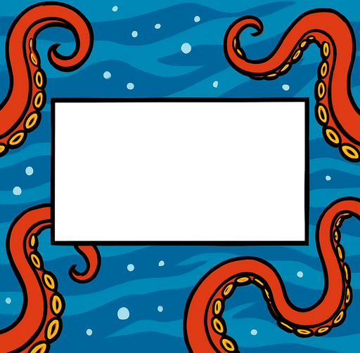 una sola viñeta en blanco de comic de manera rectangular horizontal  en el centro de la pantalla, que el back ground este adornado con un fondo marino y brazos de pulpos.
In-Game asset.  2d.  High contrast.  No shadows, que los tentaculos no toquen la viñeta q
