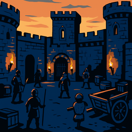 A medieval castle courtyard at dusk, guards patrolling, torches lit, training dummies and old carts, surrounded by stone walls and towers.
In-Game asset.  2d.  High contrast.  No shadows